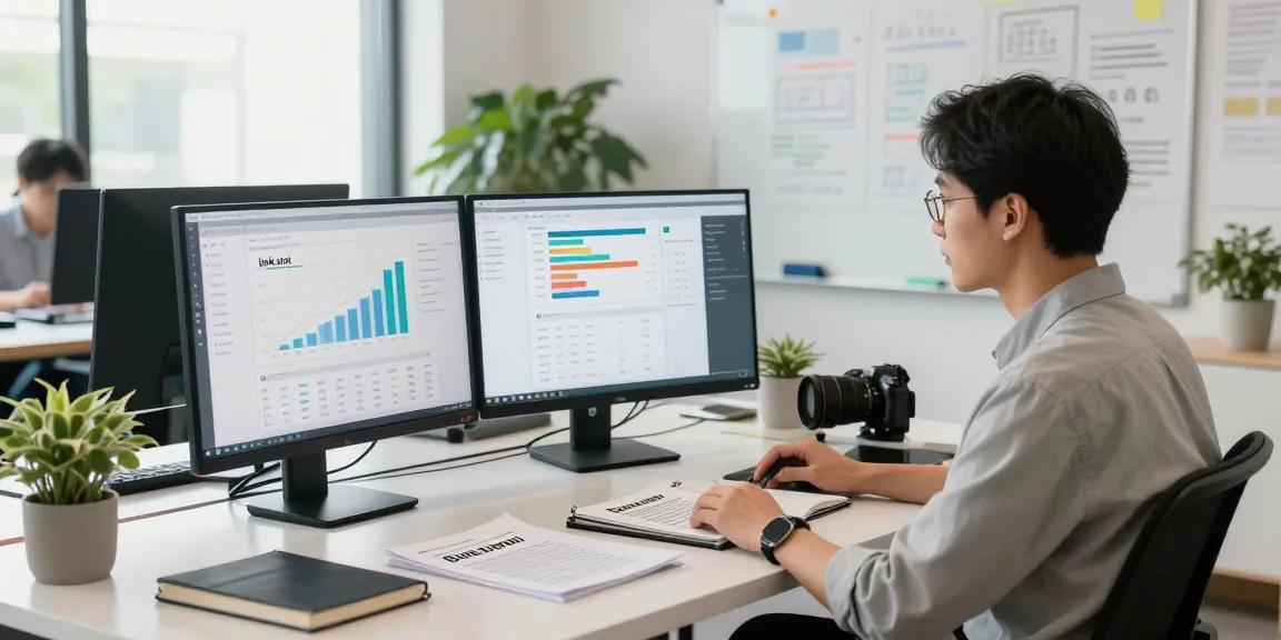 Marketing strategist analyzing link slot performance metrics in a vibrant office setting.