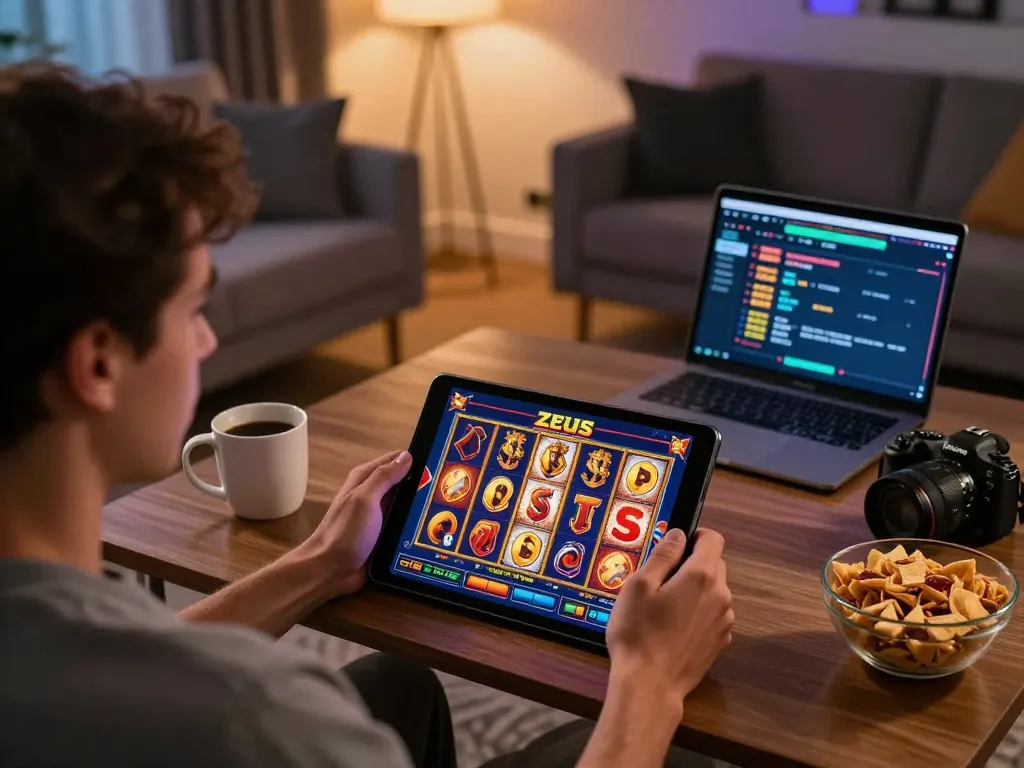 Player enjoying zeus slot on a tablet during an online gaming session at home