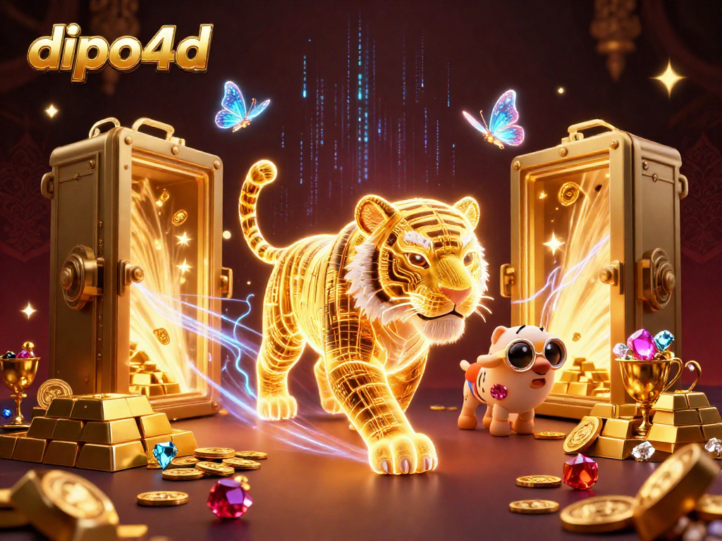dipo4d showcases a golden tiger illuminating a digital casino landscape filled with treasures and vibrant energy.
