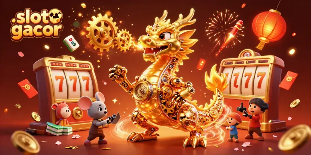 Visualisasi slot gacor atmosfer yang penuh keberuntungan dengan karakter naga dan elemen kasino.