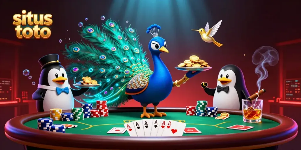Experience situs toto excitement with vivid characters and poker elements in a dynamic casino scene.