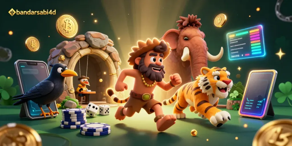 Bandarsabi4d memberikan pengalaman kasino dengan ilustrasi 3D unik dari karakter prasejarah yang bermain dengan dadu tulang dan jeton poker.