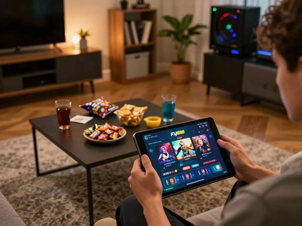 Playing games on the fly888 app in a cozy home gaming setup