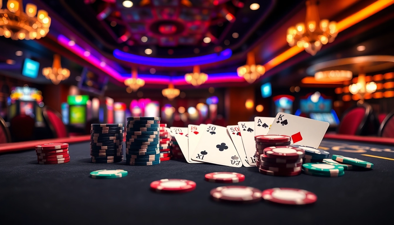 Menangkan permainan bbtn4d dengan chip dan kartu bermain di meja kasino yang elegan.