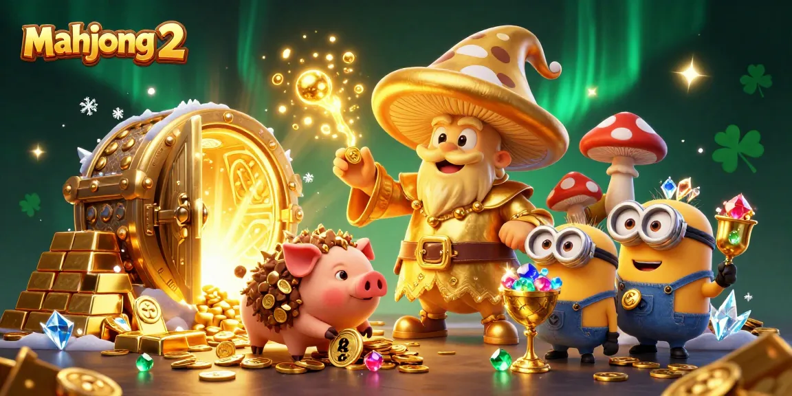 Engage with Mahjong 2's gameplay as golden wizard characters unveil jackpots and treasure!