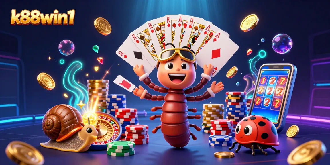 Spin and win with k88win1 at this vibrant 3D casino illustration featuring a lively millipede dealer.