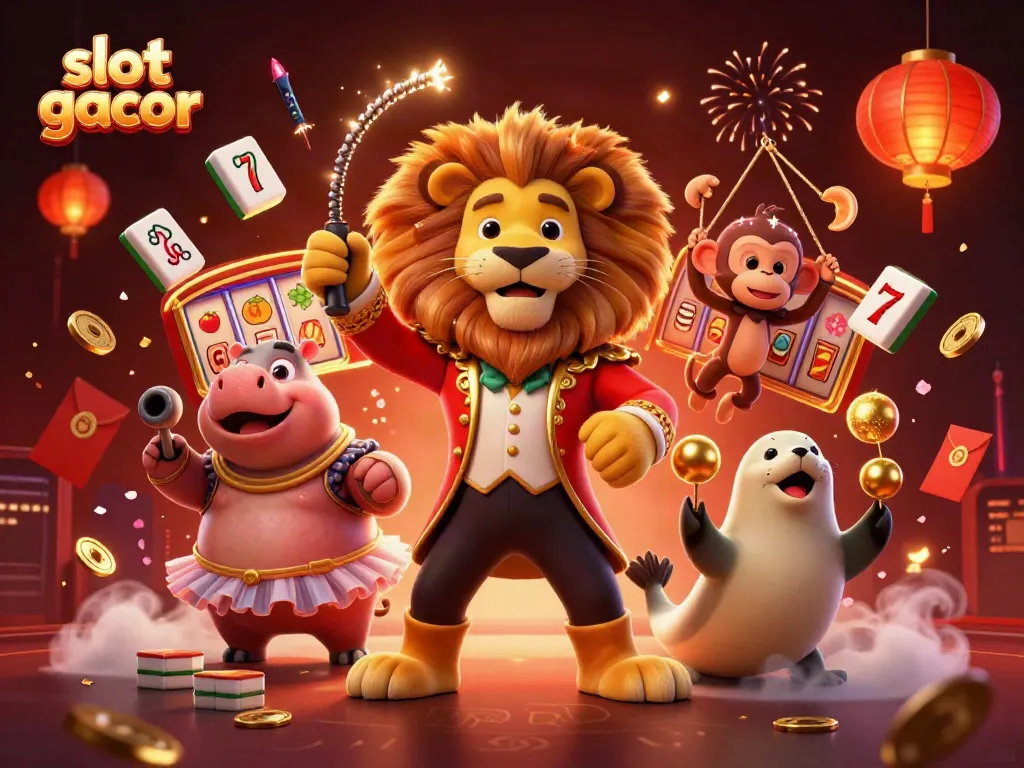 Slot gacor menampilkan singa pengatur sirkus dan teman-teman unik merayakan kemenangan slot.