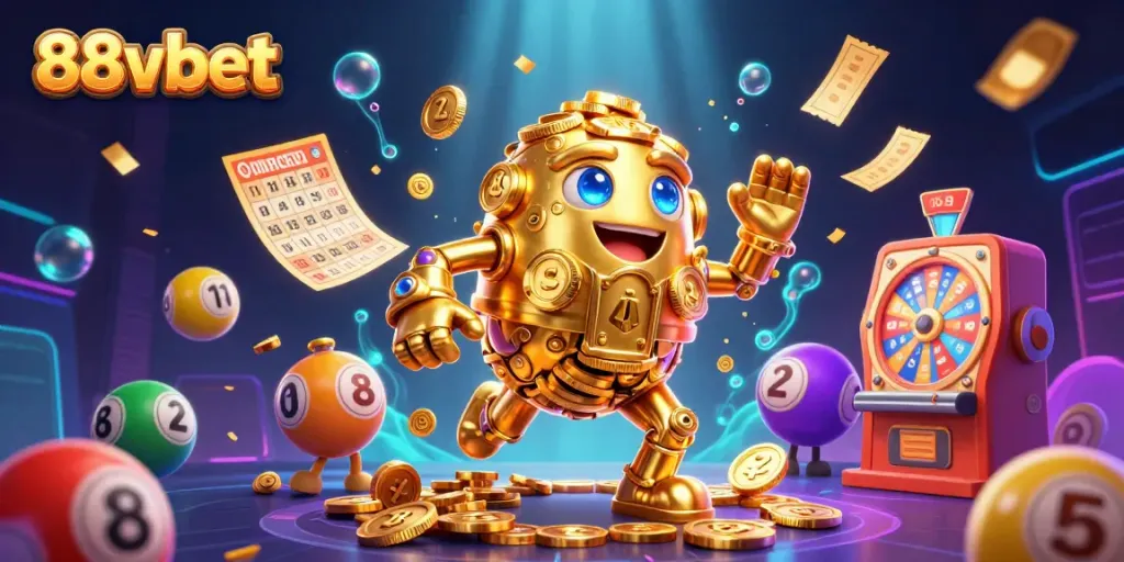 88vbet showcases a vibrant 3D scene featuring a golden golem surrounded by dynamic gambling elements.