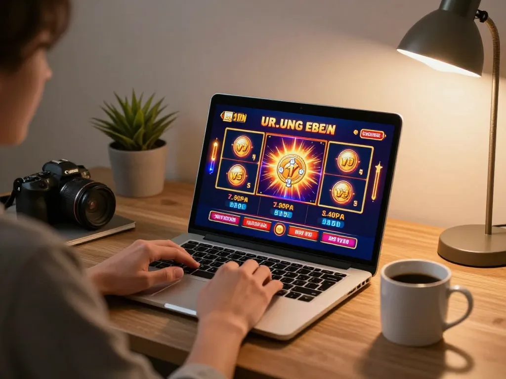 Pemain terlibat menikmati sesi permainan online OKESLOT dengan laptop di pengaturan rumah modern.