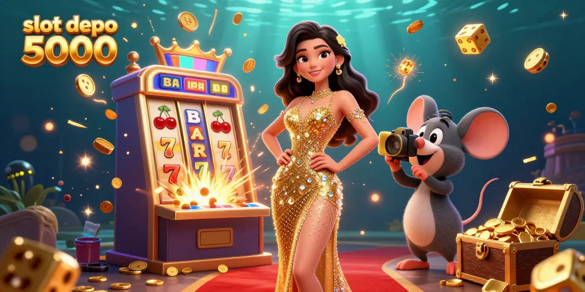 Win big on slot depo 5000 with captivating 3D illustration showcasing vibrant casino elements.