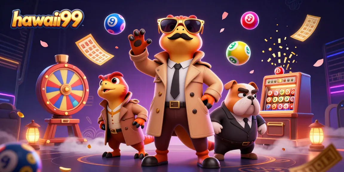 Experience thrilling moments at hawaii99 with colorful lottery elements and playful raptors in a casino scene.