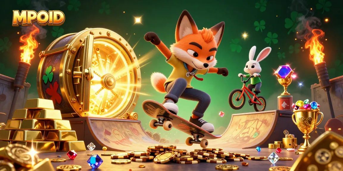 Experience dynamic gameplay with MPOID's vibrant 3D casino scene featuring cartoon characters and rich gambling symbols.
