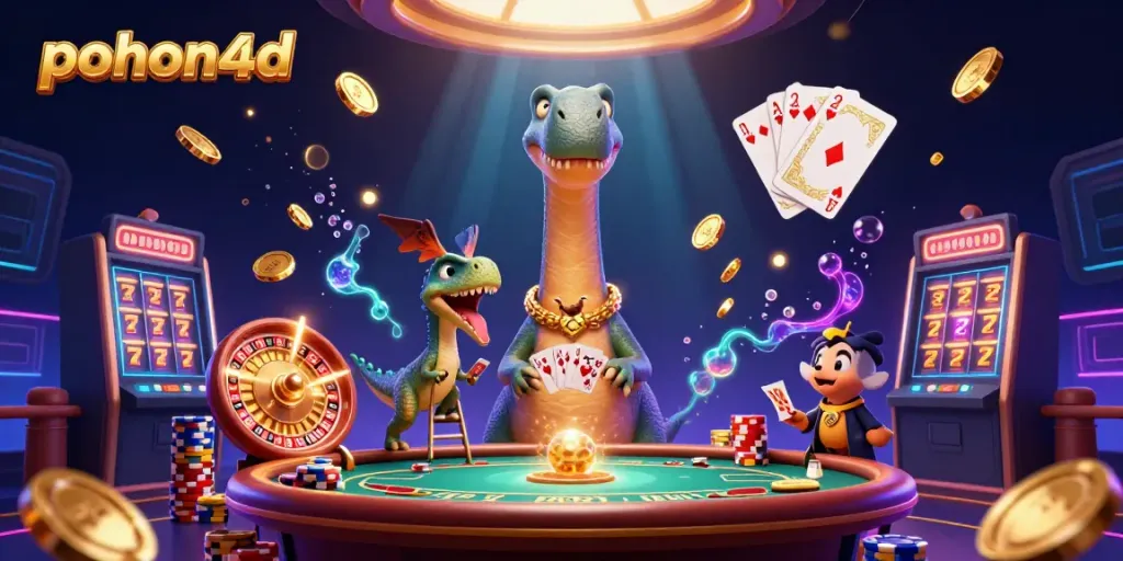 Engage with pohon4d's vibrant casino scene featuring a towering brontosaurus and dynamic game elements.