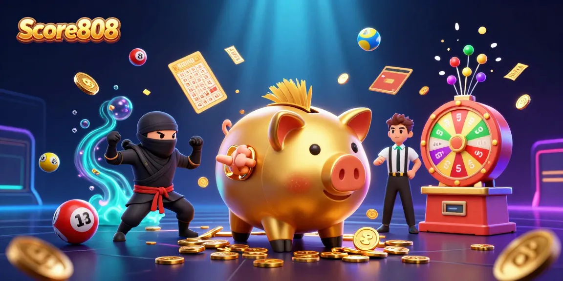 Score808 offers a vibrant gambling experience with a piggy bank wrestler triumphantly shaking coins amidst dynamic lottery elements.