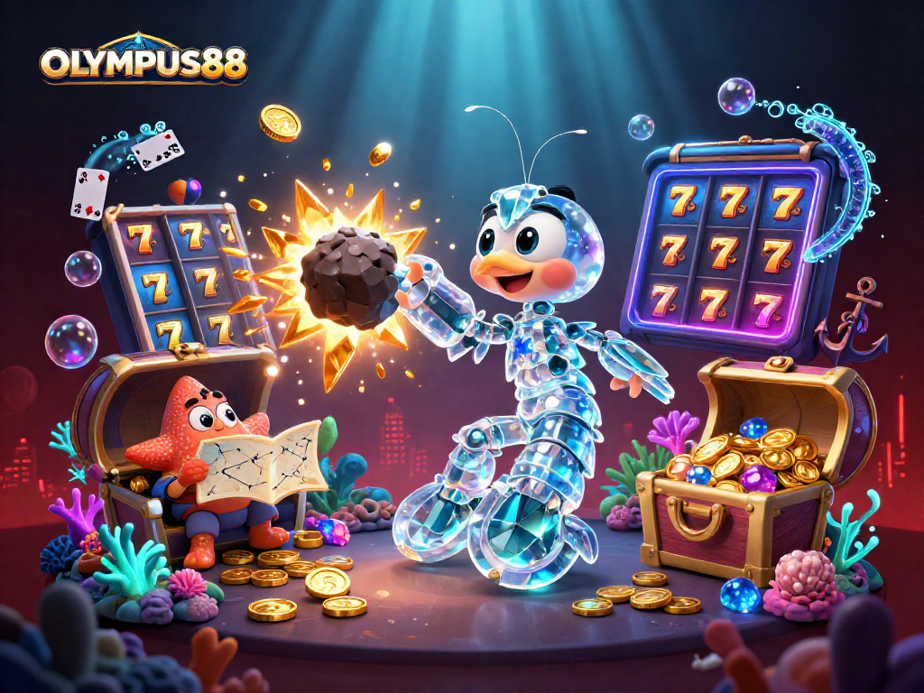 Engage in thrilling slots action with OLYMPUS88 as the galactic mantis shrimp smashes through gems and coins.