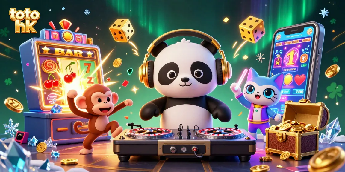 Menangkan peluang besar di toto hk dengan ilustrasi kasino 3D penuh warna dan energik.