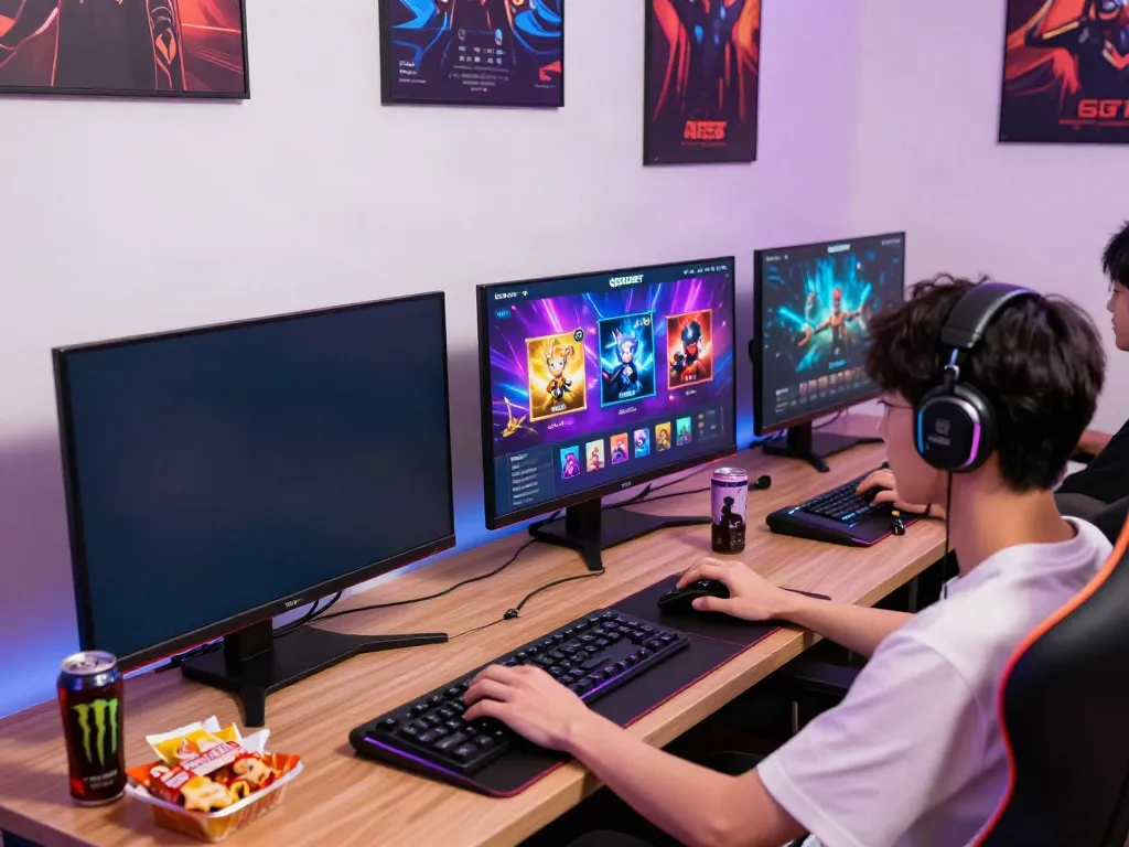 Gamer memainkan qqgobet di ruang bermain modern dengan layar dan permainan berwarna cerah.
