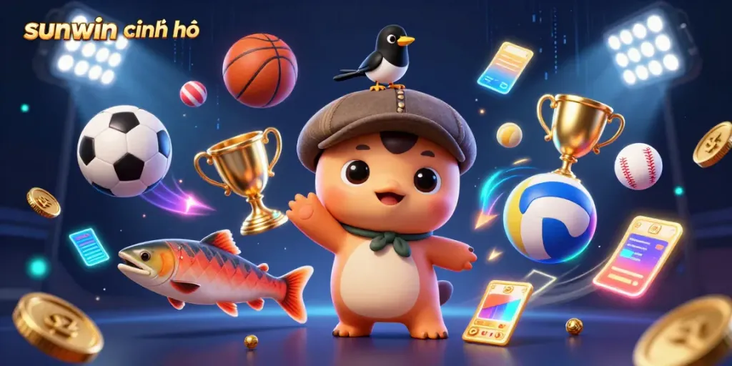Experience the excitement of sunwin chính chủ in a vibrant 3D casino illustration filled with dynamic games and characters.