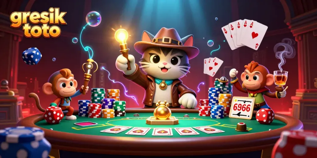 Engage with the thrill of gresik toto at a vibrant casino scene featuring an adventurous cat archaeologist.