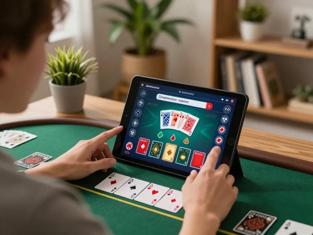 Player utilizing jangkar55 tablet for blackjack strategies in a cozy home setting