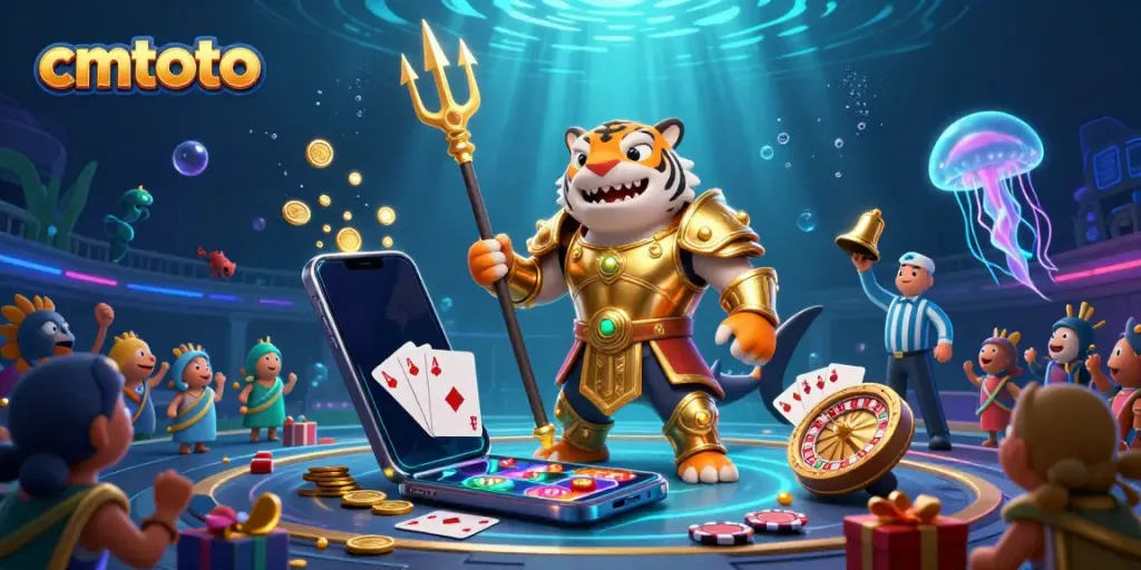 Memperlihatkan cmtoto, hiu kartun 3D bersenjata di arena kasino bawah laut yang penuh kegembiraan.