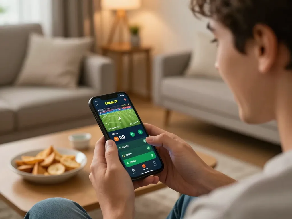 Engaged user placing real-time bets on Cakhia TV during an exciting football match