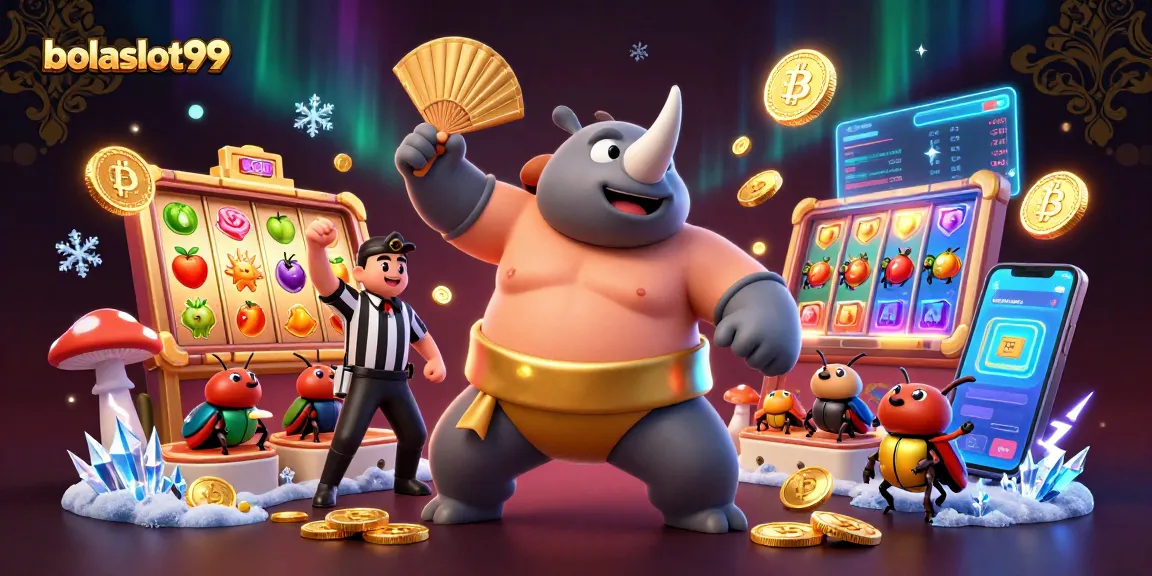 Experience the vibrant world of bolaslot99 as a sumo beetle champion takes the stage with slot reels and crypto elements.