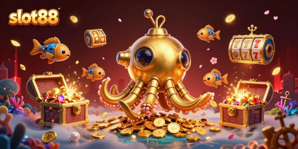 Experience thrilling wins with slot88, illustrated by a golden kraken surfacing amidst riches.
