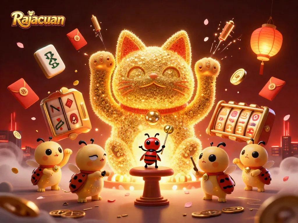 Rajacuan features a vibrant 3D lucky cat surrounded by spinning slot reels and festive decorations.