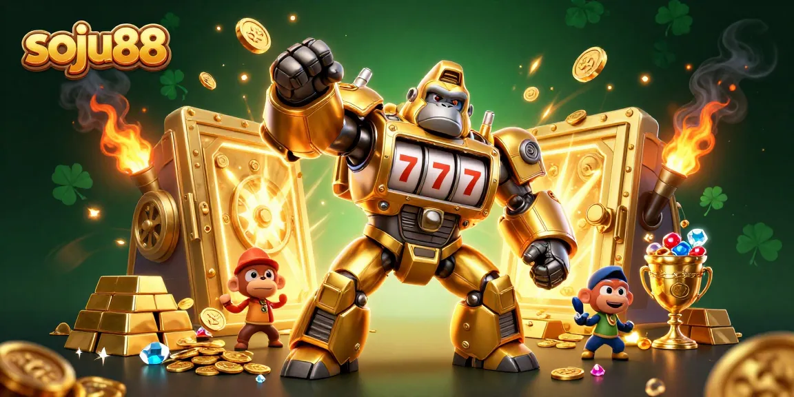 Engage with soju88's vibrant 3D casino world featuring a golden mech and treasure galore.