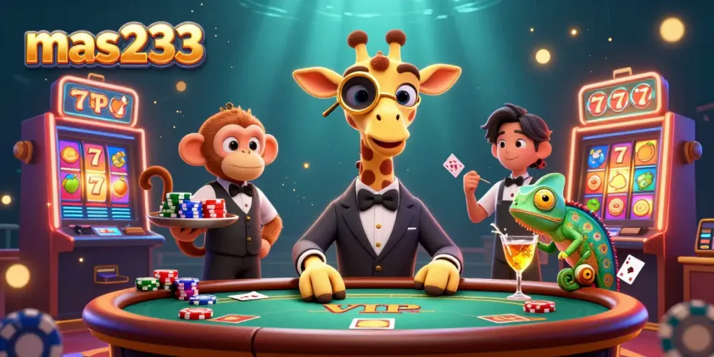 Gambarlah mas233 di kasino digital dengan karakter unik seperti jerapah dan bartender chameleon.