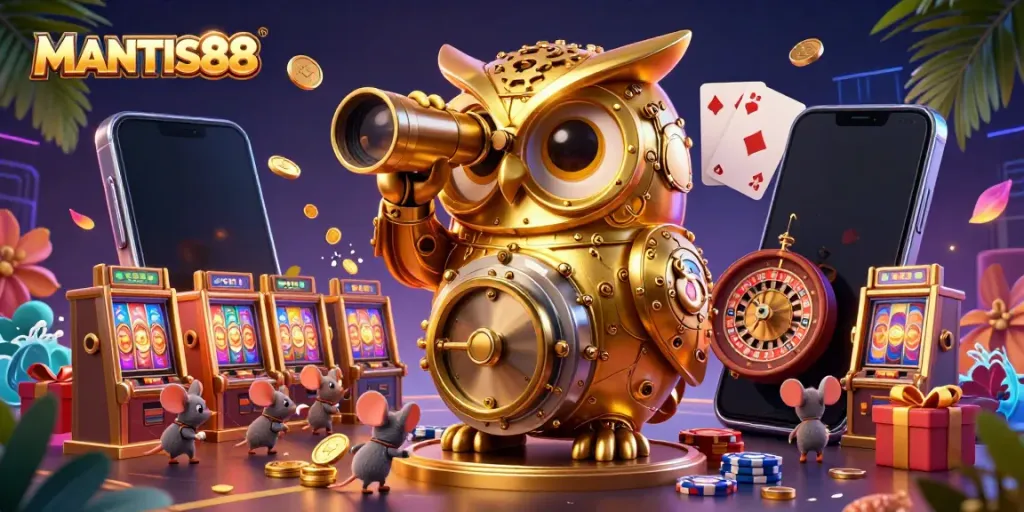 MANTIS88 showcases a whimsical casino scene featuring a golden owl and playful mouse patrons amidst vibrant slot and casino elements.