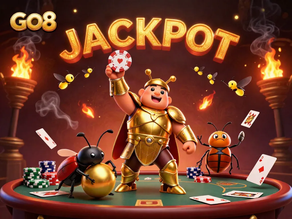 Engage in a thrilling poker game with GO 8 as herculean characters celebrate a jackpot victory.