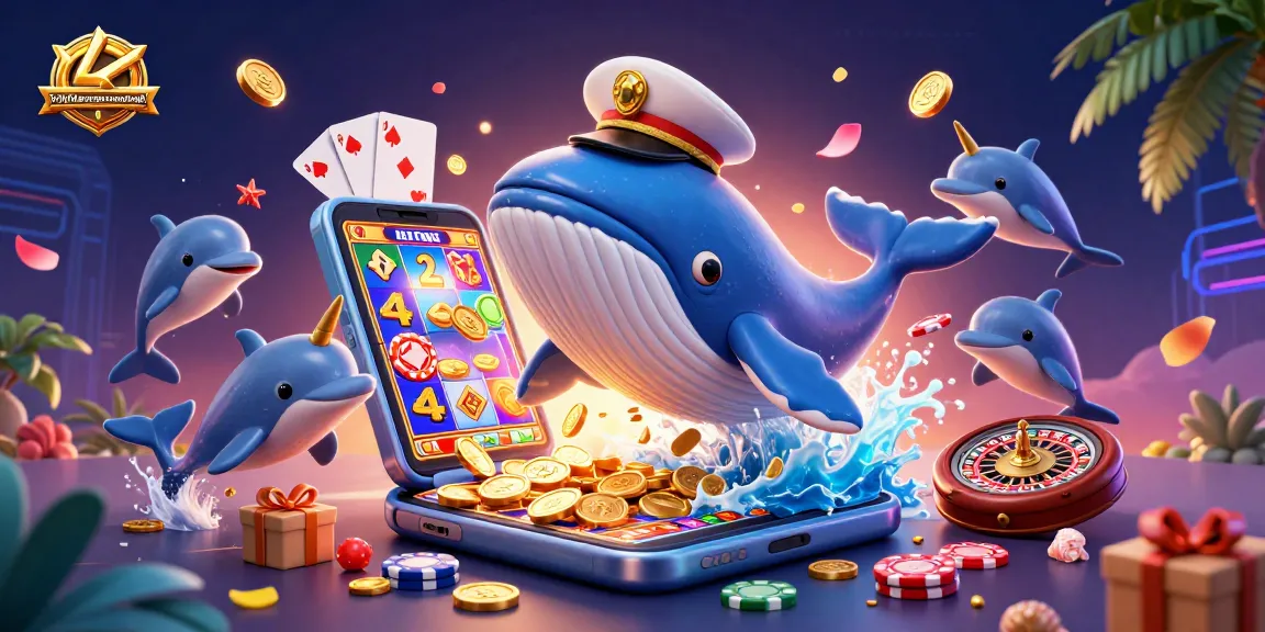 Engage with kritikdansarancongtogel's vibrant casino world, featuring animated whales and dolphins amidst dynamic gaming elements.