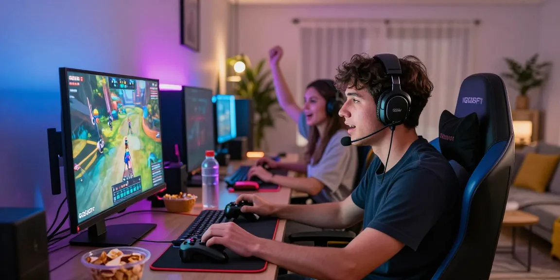 Gamer serius menikmati permainan GGSOFT di ruang nyaman dengan lampu LED warna-warni.
