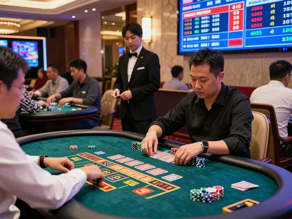 Rajabandot player immersed in an engaging Togel game at a premium casino, showcasing vibrant atmosphere and high-stakes excitement.