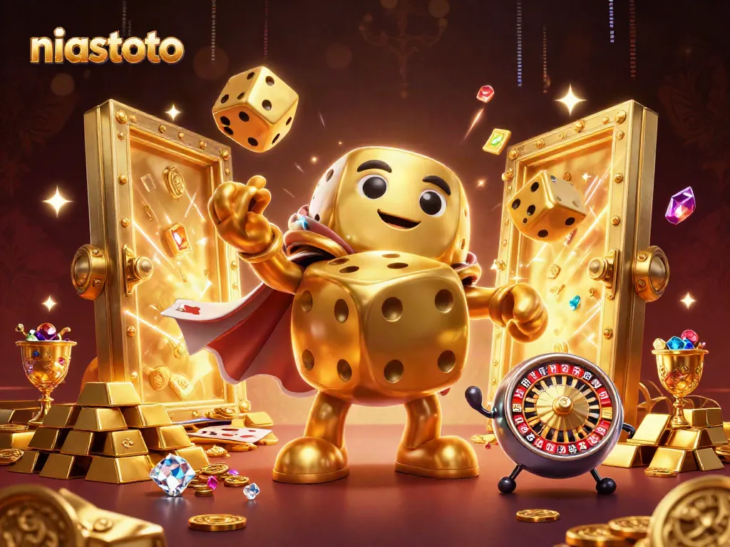 Roll with fortune at niastoto, featuring dazzling gold, dice, and casino elements.