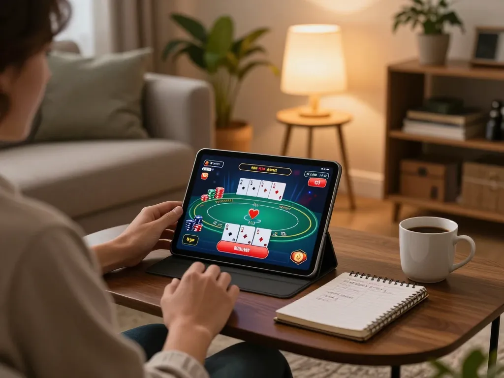 Player enjoying poker on sunwin in a cozy living room, showcasing strategy notes and warm lighting.