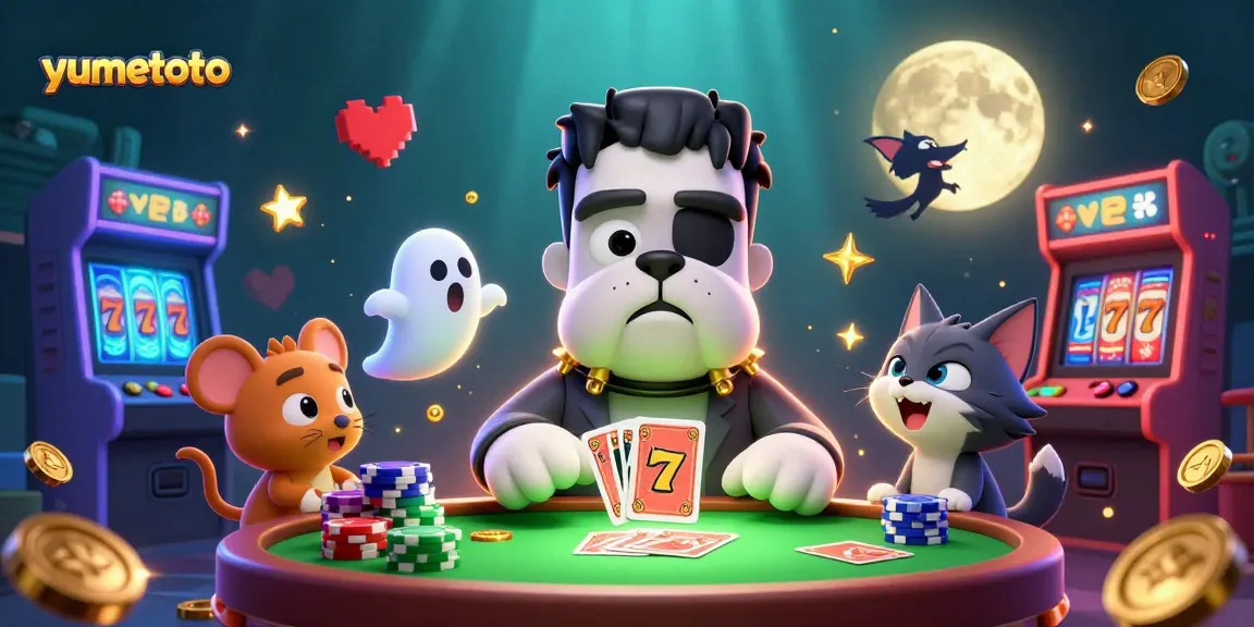 Engage with yumetoto's thrilling casino experience as a cartoon bulldog deals cards amidst colorful gaming elements.
