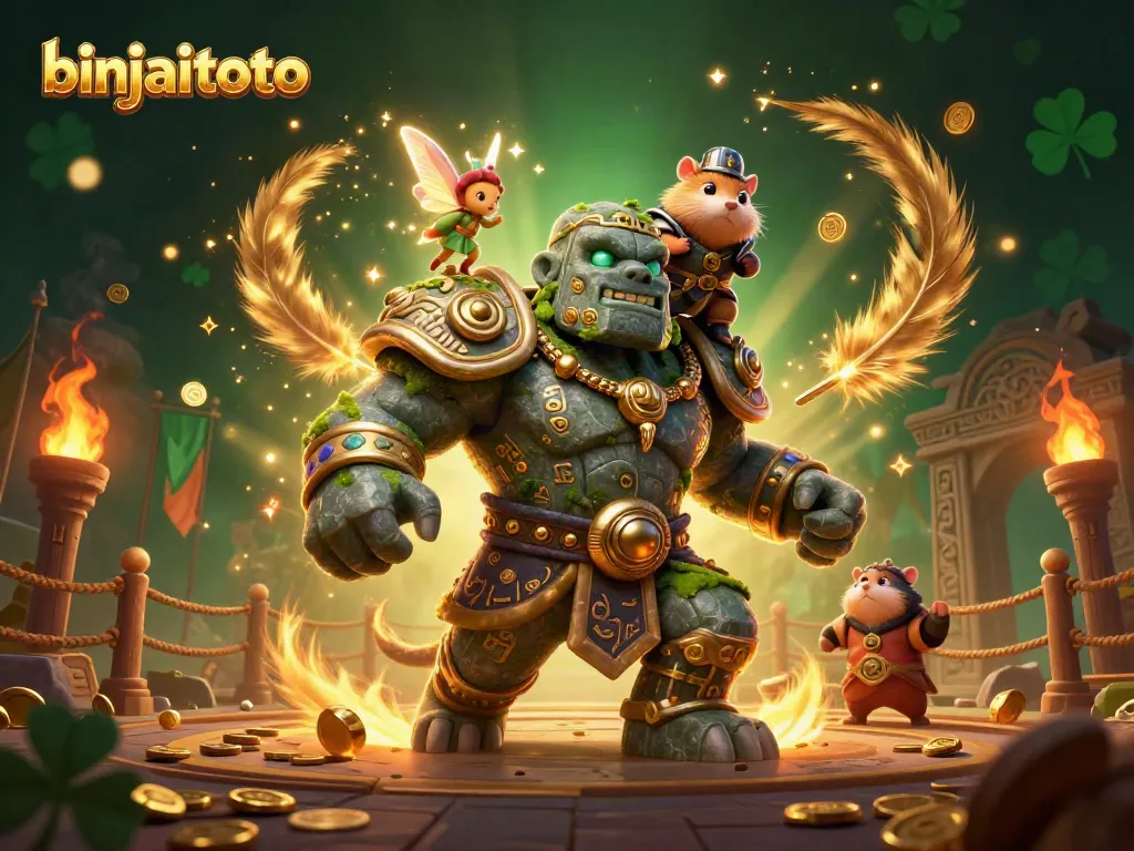 Permainan slot interaktif di binjaitoto dengan golem penjaga yang hidup, peri sihir, dan kesatria hamster.