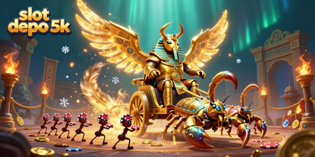 Experience excitement with slot depo 5k featuring a golden scarab and scorpions amid dynamic casino elements.
