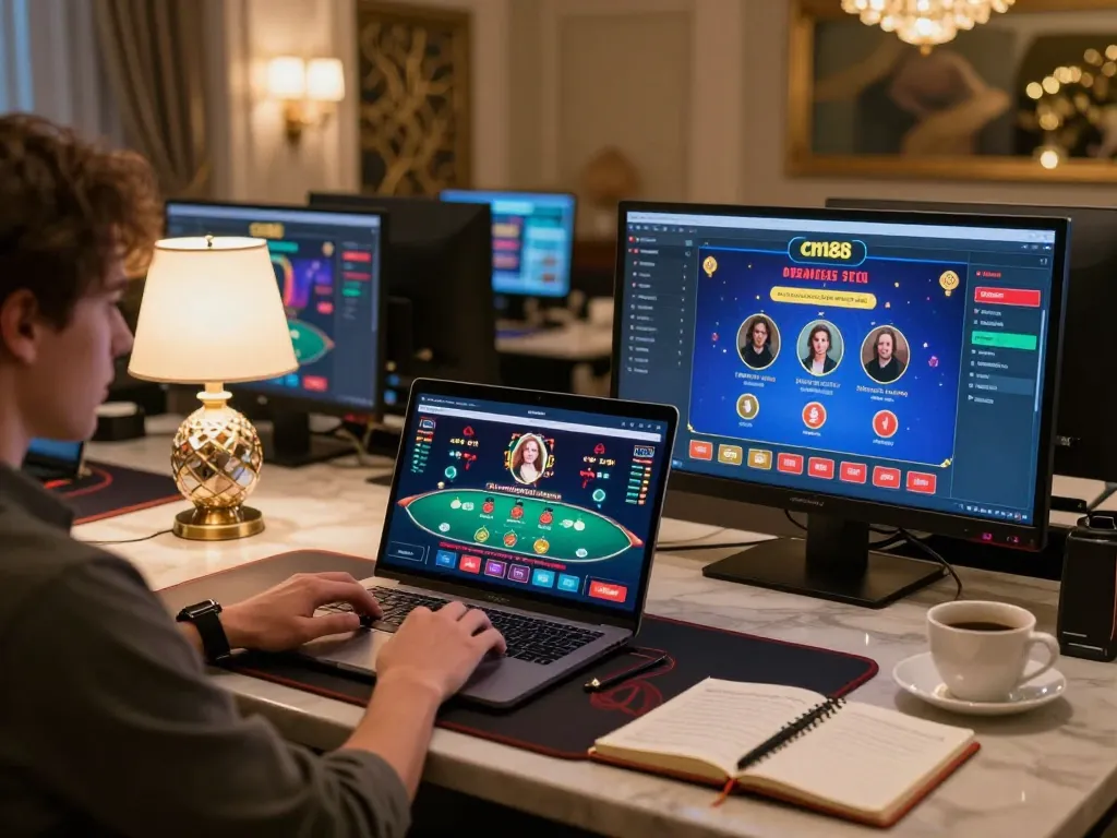 Engaging in online casino gaming at cm88, showcasing a cozy home setup with strategic elements.
