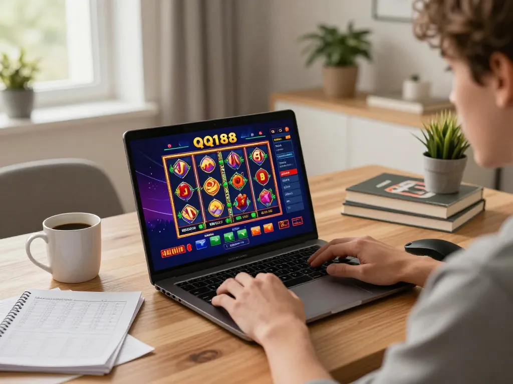 Permainan menarik dengan permainan slot QQ188 ditampilkan di layar laptop, menunjukkan antarmuka permainan yang penuh warna dan strategi pemain.
