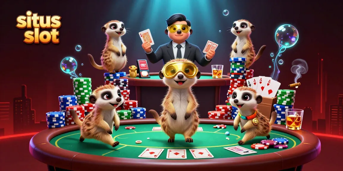 Situs slot menampilkan koloni meerkat di kasino dengan suasana meriah yang penuh warna.