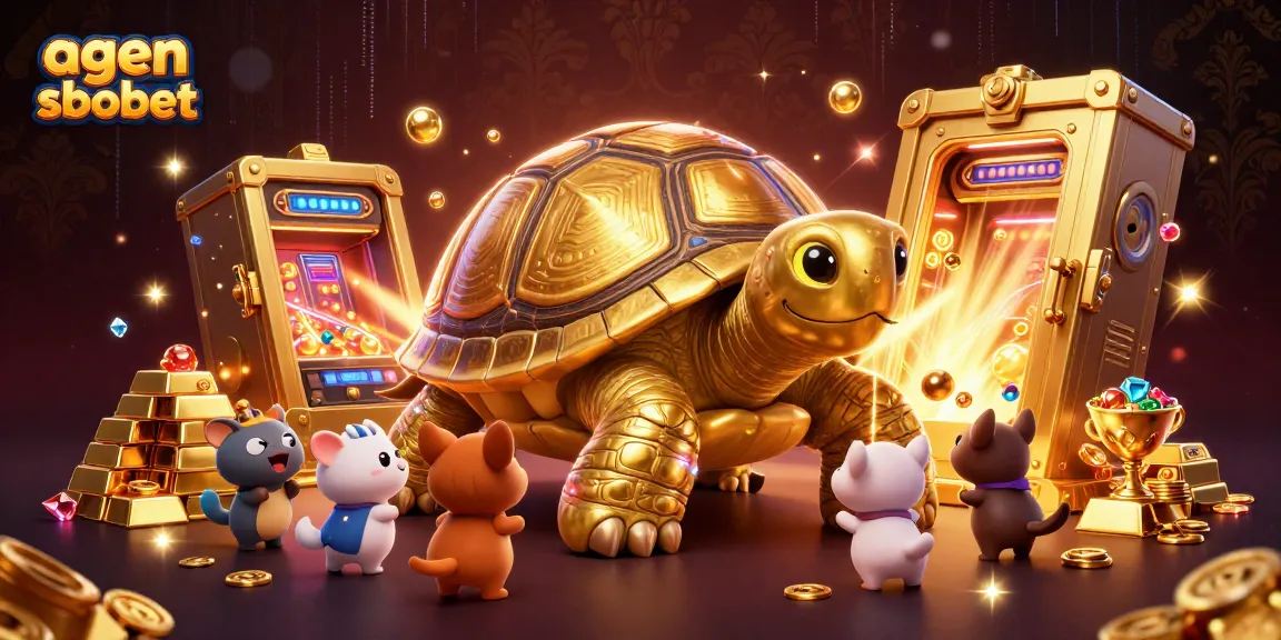 A dynamic scene featuring agen sbobet with a golden tortoise pinball machine surrounded by treasures and excited animals.
