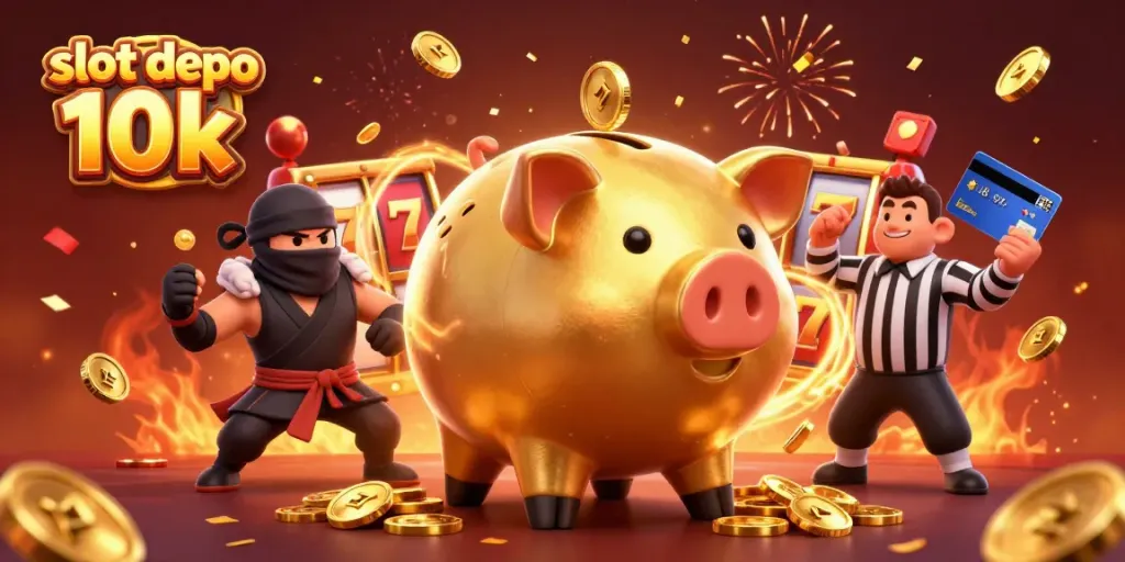Experience thrilling jackpots with slot depo 10k in this vibrant 3D casino illustration full of dynamic action.