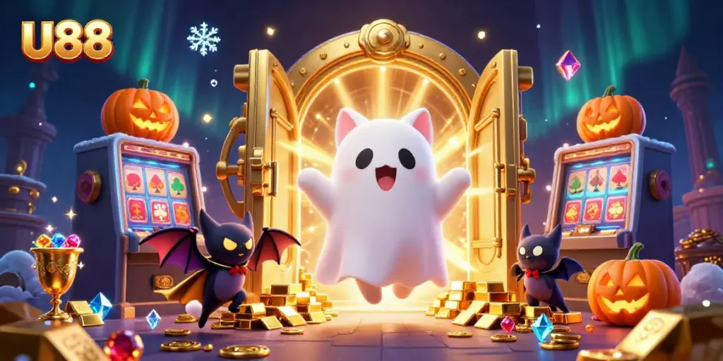 Engage in thrilling U88 experiences with the ghost cat and bat in a haunted casino.