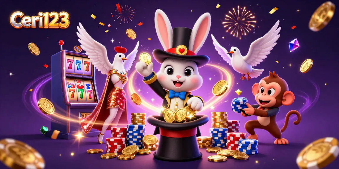 Ceri123 brings magic to the casino world with a whimsical scene of a magician rabbit, a dove, and a monkey amidst cascading coins and slot machines.