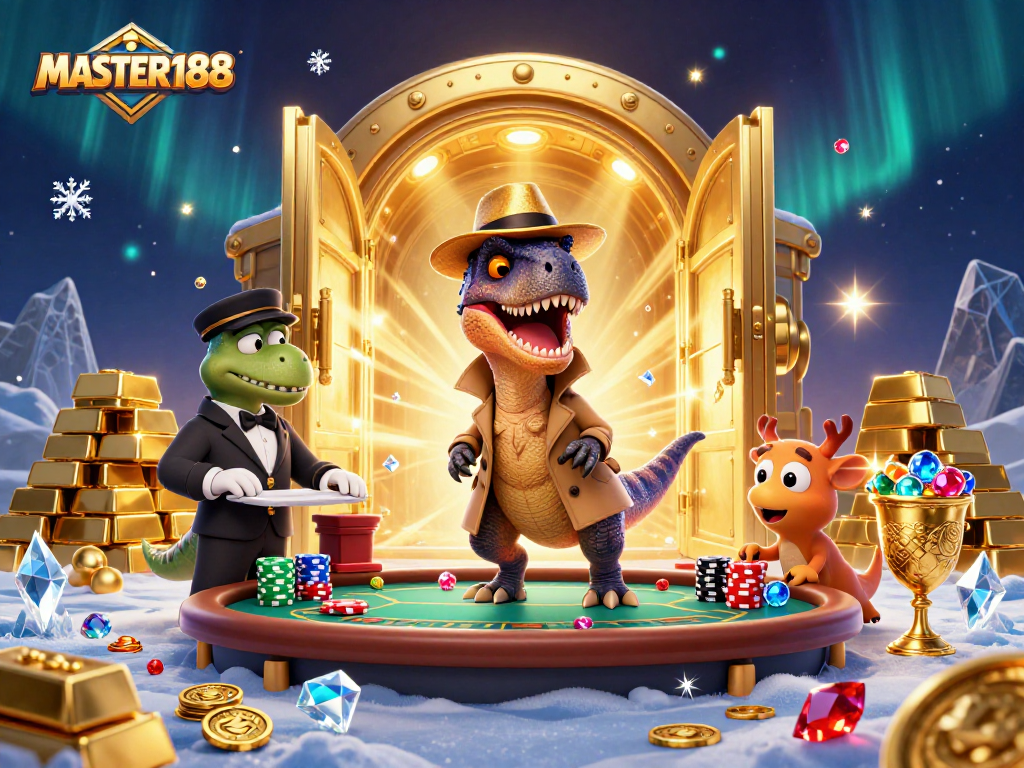 Experience thrilling gameplay at MASTER188 with our adventurous velociraptor and stegosaurus characters in a dynamic casino scene.