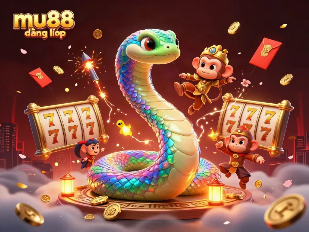 Win big with mu88 đăng nhập, featuring a vibrant casino scene with colorful characters and gaming elements.